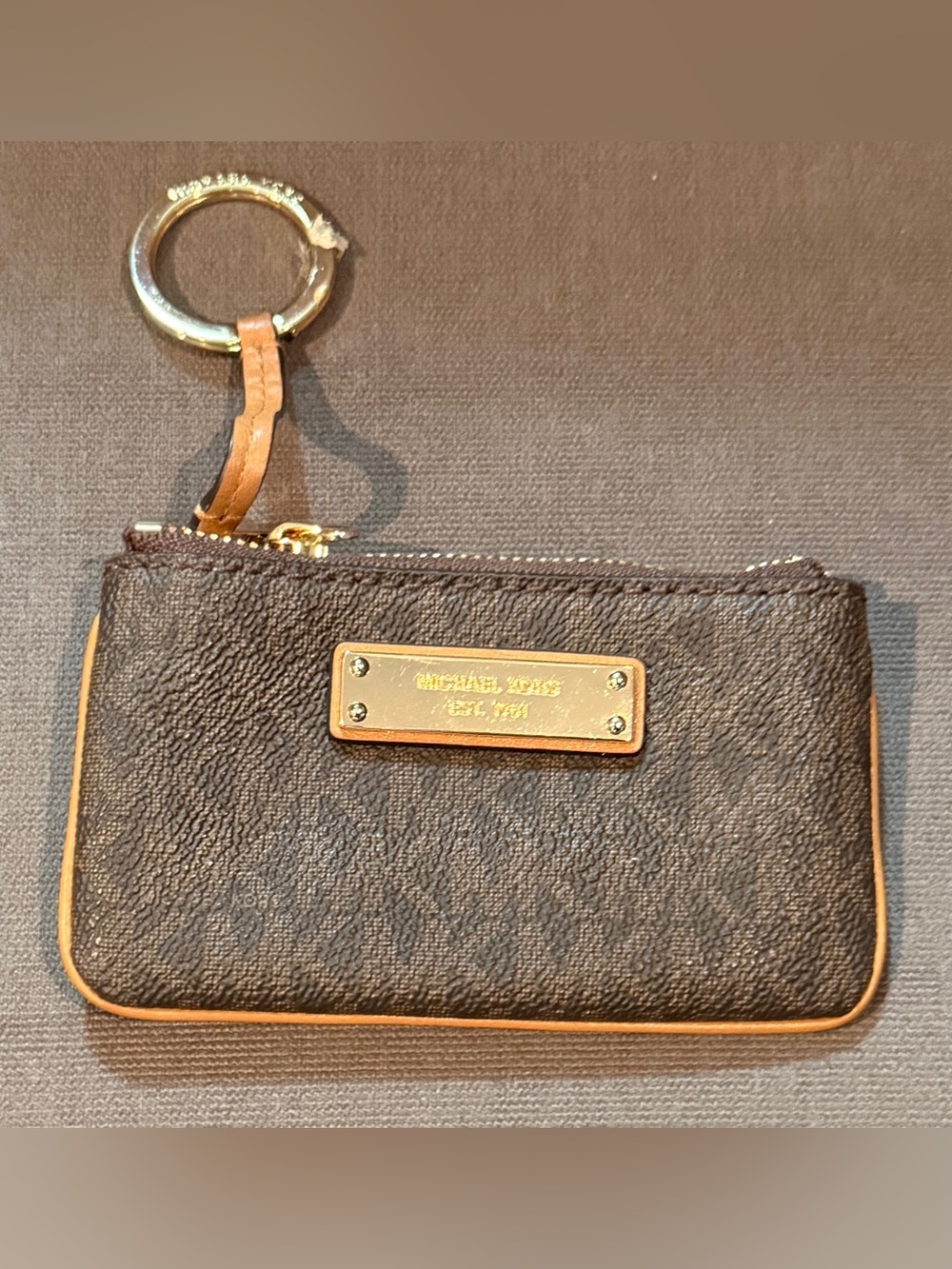Michael Kors Brown and Tan Key Card Pouch with Gold Hardware